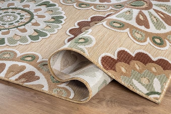 Outdoor Rug 6x9 Washable Area Rugs Indoor Outdoor Carpets Beige Bohemian Medallion Non Shedding Waterproof Easy Clean Patio Deck Porch Living Room Bedroom Garden RV (6 X 9 Beige)
