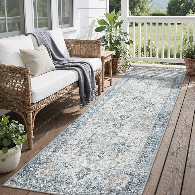 GENIMO Outdoor & Indoor Runner Rug 2.5'x8', Waterproof, Non-Shedding, Easy Cleaning, Boho Mat for Patio, Kitchen, Balcony, Bath Room, Deck, Bedroom, Camping, Outside Carpet,Blue