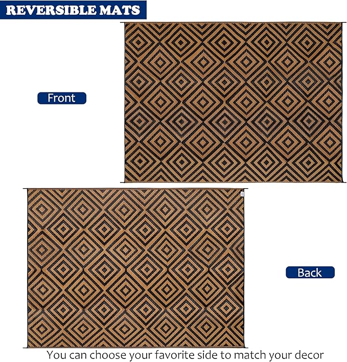 Reversible Mats, Outdoor Patio Rugs, Plastic Straw Rug, Modern Area Rug, Floor Mat for Outdoors, RV, Patio, Backyard, Deck, Picnic, Beach, Trailer, Camping (Diamond Black & Brown, 9' x 12')