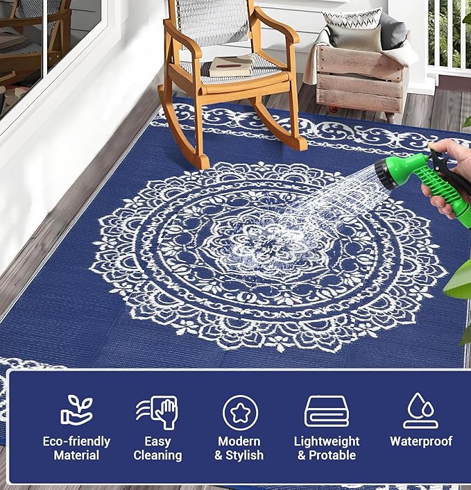 GAOMON Outdoor Rug Waterproof 9x12 Durable Indoor Outdoor RV Mat, Reversible Camping Carpet, Foldable Plastic Straw Rug for Patio, Porch, Deck, Balcony, Beach, Navy/White(Medallion)