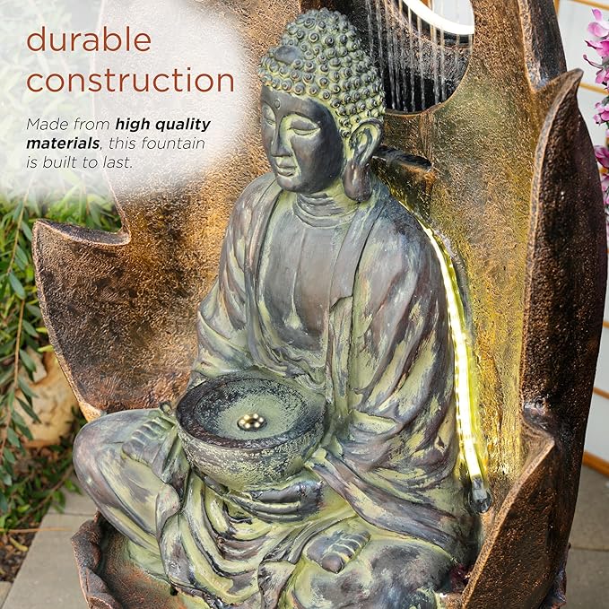 Alpine Corporation 59" Tall Outdoor Buddha Fountain with LED Lights, Elegant Water Feature for Garden, Patio, Yard & Outdoor Spaces, Realistic Stone Look, Calming Waterfall for Relaxation, Brown