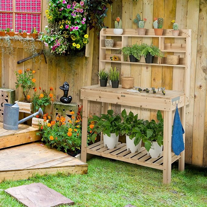 Giantex Garden Potting Bench Table, Large Workbench Table with Shelves, Openable Tabletop Hidden Storage Cabinet, 3 Hooks, Outdoor Wooden Workstation for Patio Garden Garage, 43.5"x19.5"x 60.5"