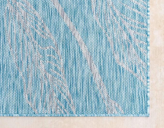 Unique Loom Outdoor Botanical Collection Area Rug - Leaf (5' 1" x 8' Rectangle, Light Aqua/ Ivory)