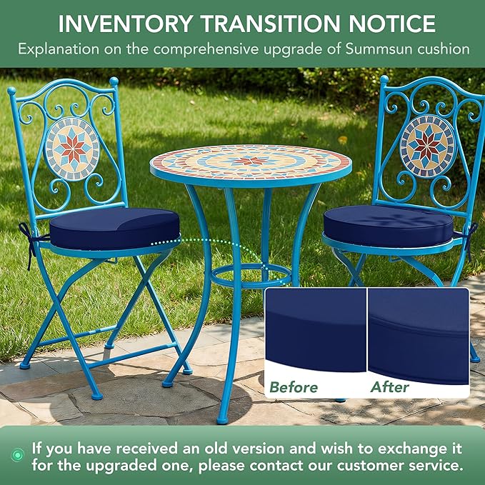 Outdoor Bistro Chair Cushions Set of 4, 15" D x 3" H Round Chair Cushions Waterproof and Fade Resistant Chair Cushion Pads with Non-Slip Ties and Removable Covers for Garden, Navy Blue