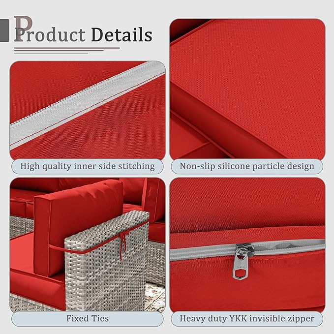 Outdoor Cushions for Patio Furniture with 5 Pillows, Waterproof Patio Furniture Cushions Replacement, 4" Deep Seat Outdoor Sectional Cushions for 4-seat Patio Furniture Chair Sofa Couch,Red