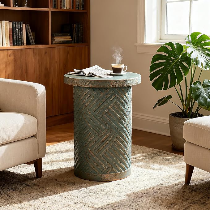 16.93" Cement End Tables for Patio,Faux Terrazzo Modern Small Round Side Accent Table,Tree Stump Garden Stool Drum Indoor and Outdoor,Green