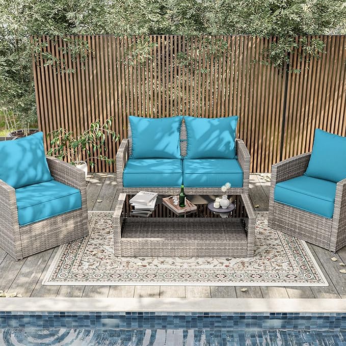 Outdoor Patio Chair Cushions Set 19 L X 19 W X 4 H Inch Waterproof & Fade Resistant Deep Seat and Back Cushions with Removable Covers Outdoor Seat Cushion Set for Chairs and Sofas