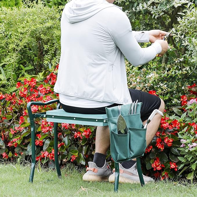 HomGarden Folding Garden Kneeler Seat Bench Stool w/Soft Kneeling Pad and Large Tool Pouch Foldable Gardener Stool (3 Sets)