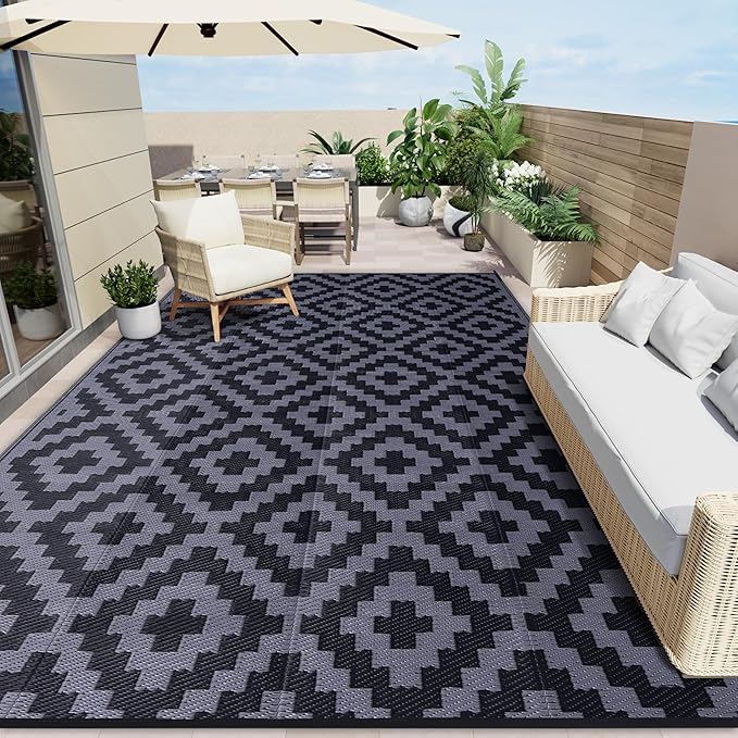 OLANLY Waterproof Outdoor Rug 10x14 ft, Outdoor Plastic Straw Rug for Camping, RV Mat Outside, Indoor Outdoor Carpet for Porch, Deck, Backyard, Balcony, Picnic, Black & Grey