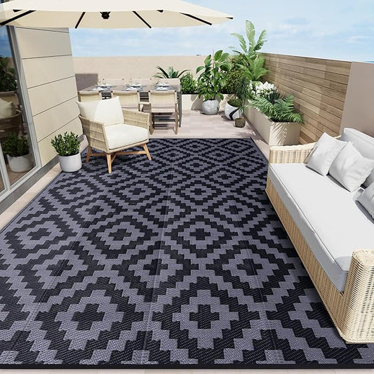 OLANLY Waterproof Outdoor Rug 10x14 ft, Outdoor Plastic Straw Rug for Camping, RV Mat Outside, Indoor Outdoor Carpet for Porch, Deck, Backyard, Balcony, Picnic, Black & Grey
