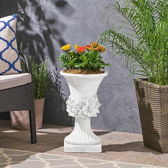 Merax 19.5 Inches Tall MGO Garden Urn Planter, Lightweight Concrete Urn for Flowers, Herbs & Succulents, Indoor & Outdoor Decorative Pot, Antique White
