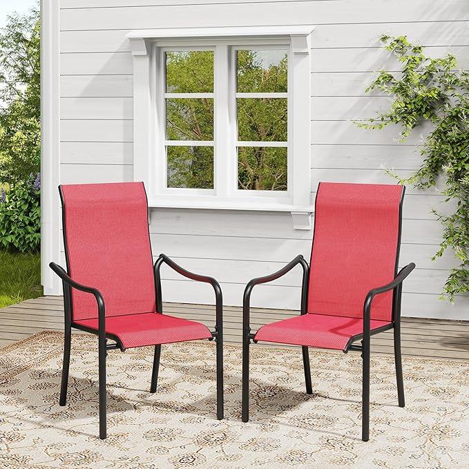 VICLLAX Patio Stackable Dining Chairs Set of 4, Outdoor Sling Chairs with Breathable Fabric and High Back for Balcony Porch Backyard, Red