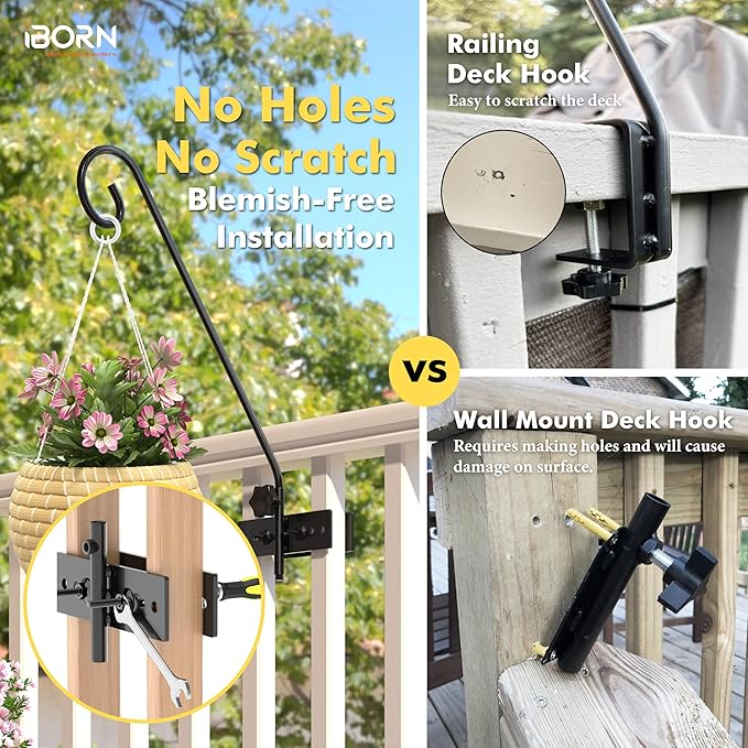 iBorn Fence Deck Hook Rail Hook Heavy Duty Bird Feeder Pole 13 Inch Solid Wire Deck Hanger Suitable for Hanging Flower Baskets Wind Chimes Planters Bird Feeders Lights, 180 Degree Swivel, 2 Pack