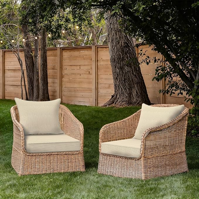 Outdoor Deep Seat Cushion Set, Water Repellent 24"x24" Patio Thick Cushions Replacement with Seat & Back Pillow for Patio Sofa, Wicker Chair, Couch - Stripe Beige