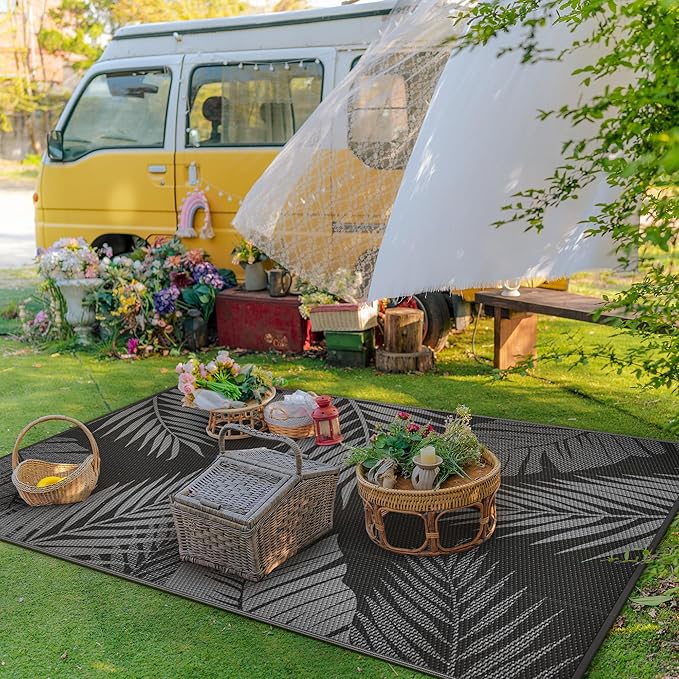GENIMO Outdoor Rug 5' x 8' Waterproof for Patio Clearance, Reversible Plastic Straw Camping Carpet, Lightweight Mat for Rv, Camper, Deck, Porch, Picnic, Balcony, Beach, N.Black & Grey