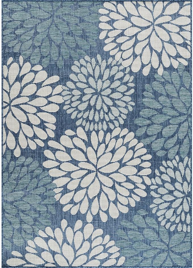 Beverly Rug Outdoor Rug 6x9 Modern Exotic Tropical Leaf Area Rugs for Indoor and Outdoor Patio Deck Porch Garden Water Resistant Washable Outside Carpet (6 x 9 Blue)