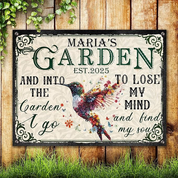 Custom Garden Signs Personalized Metal Tin Sign for Women, Retro Funny Hummingbird Metal Sign for Outdoor, Patio, Yard Rustic Home Decor Gift for Mothers Day, Grandmas, and Gardening Lovers