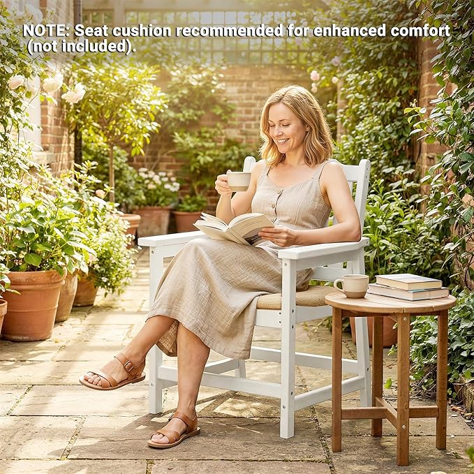 Outsunny All-Weather Patio Chair, HDPE Patio Dining Chair, Heavy Duty Wood-Like Outdoor Furniture for Garden, Backyard, Deck, Porch, Lawn, White