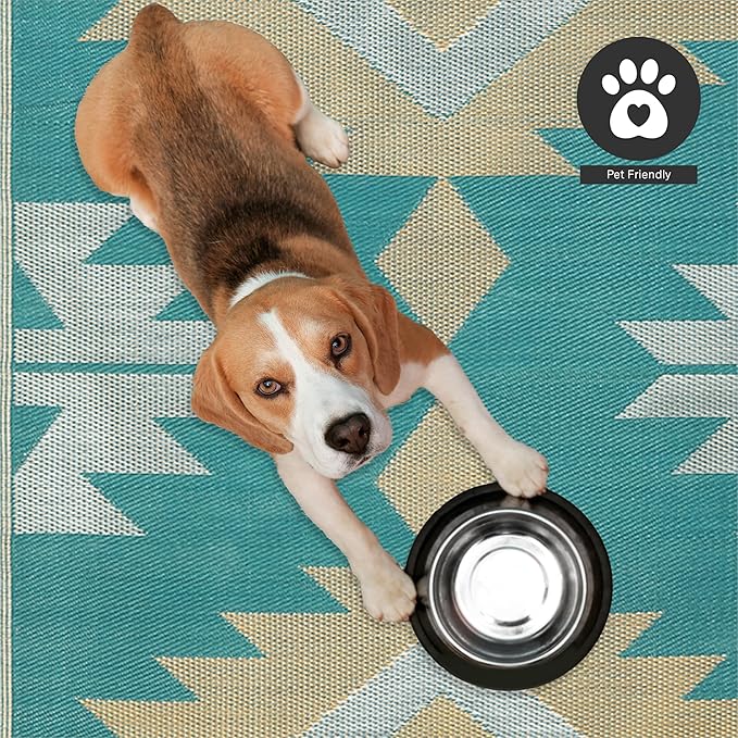 FH Home Outdoor Rug - Waterproof, Fade Resistant, Reversible - Premium Recycled Plastic - Geometric - Patio, Deck, Porch, Balcony - Bursa Kilim - Teal Crease Free - 4 x 6 ft