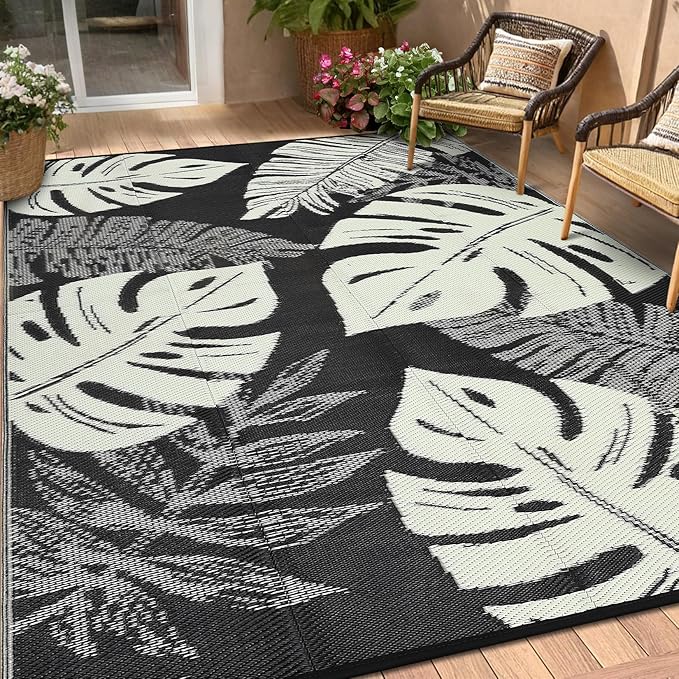 Outdoor Rug 8x10 Waterproof Patio Rugs Modern Leaf Print Reversible Mat for Front Door Rv Foldable Plastic Straw Carpet for Travel Trailers, Deck, Picnic, Camper, Balcony, Beach，Black/Beige
