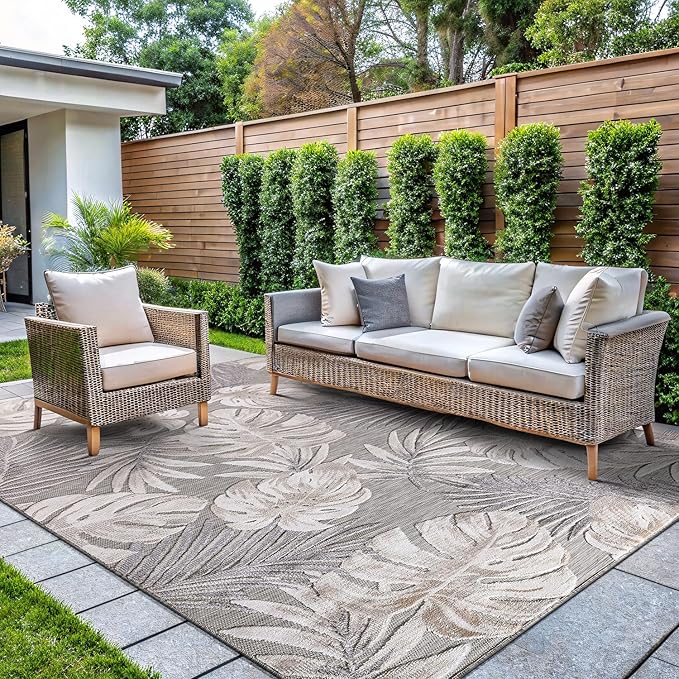 CAMILSON Indoor Outdoor Rug, Beige 4x6 Leaf Tropical Botanical Area Rugs for Indoor and Outdoor patios, Easy-Cleaning Non-Shedding Living Room, Garden and Kitchen Washable Outside Carpet (4 x 6)
