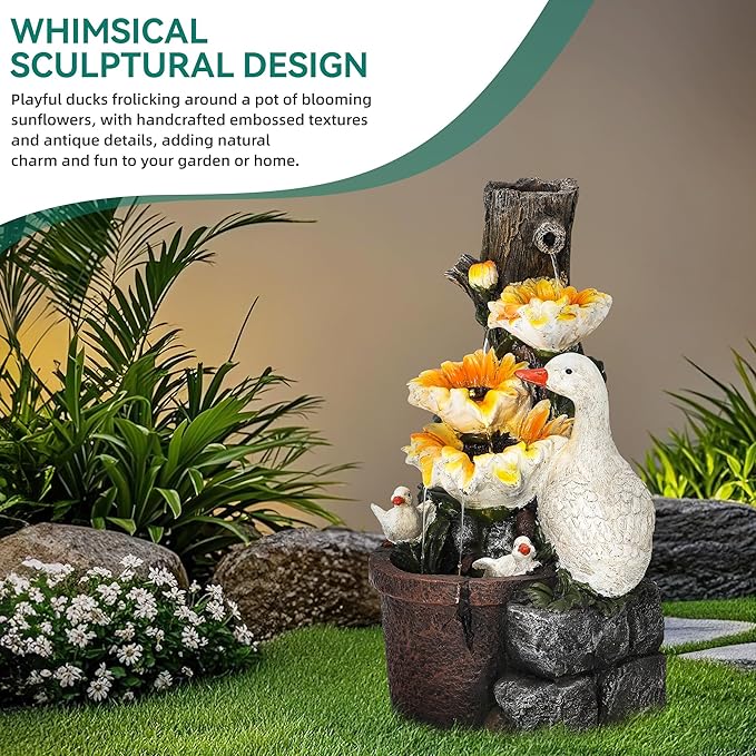 19" Water Fountain Indoor Outdoor, 4-Tier Sunflower & Duck Design with LED Lights and Cascading Waterfalls, Rustic Decor for Garden, Yard, Patio, Flowerbed & Farmhouse