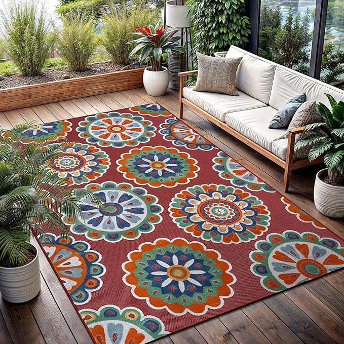 Outdoor Rug 5x7 Washable Area Rugs Indoor Outdoor Carpets Red Bohemian Medallion Non Shedding Waterproof Easy Clean Patio Deck Porch Living Room Bedroom Garden RV (5 X 7 Red)
