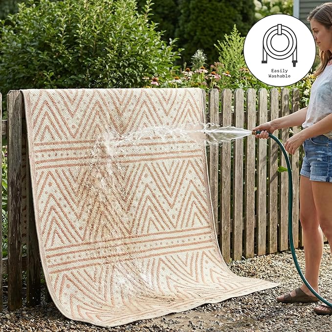 Fab Habitat Chevron Outdoor Rug - Waterproof, Fade Resistant, Crease-Free - Premium Recycled Plastic - Striped - Patio, Porch, Deck, Balcony - Patan - Coral - 5 x 8 ft