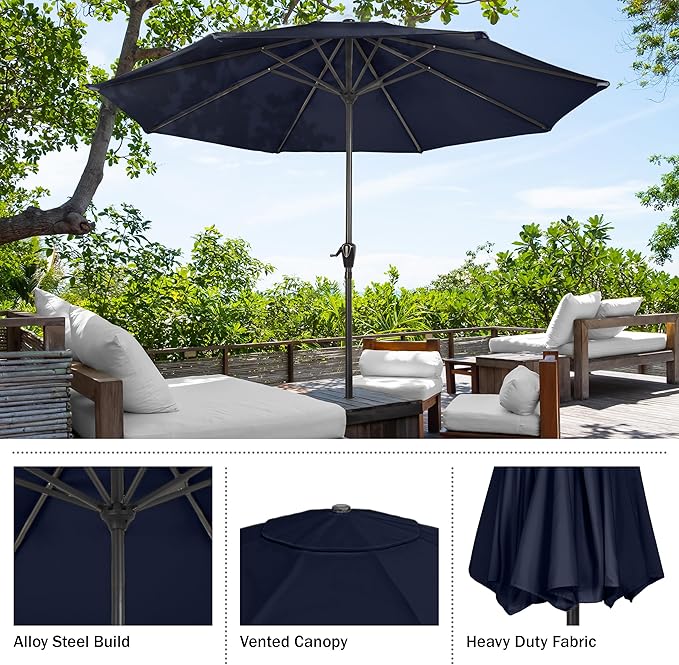 Pure Garden Patio Umbrella with Vented Canopy - 9FT Easy Crank Outdoor Umbrella for Shade - For Deck, Balcony, Porch, Backyard, or Pool (Navy)