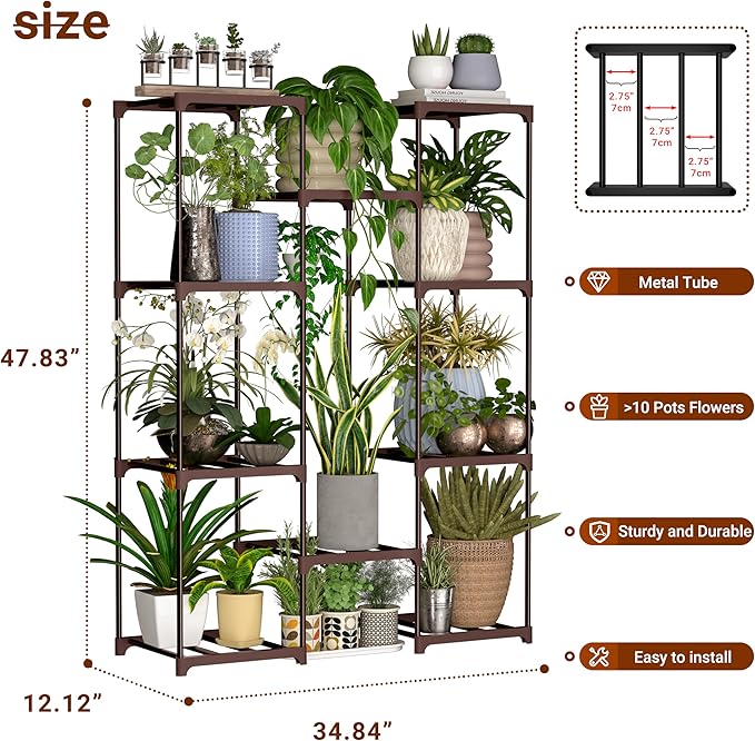 Plant Stand Indoor Outdoor Plant Shelf Stand, 4 Tiers 10 Pots Large Potted Metal Flower Plant Rack for Multiple Plants, Hanging Tall Planter Holder for Patio Balcony Living Room Corner Porch Garden Boho Decor Brown