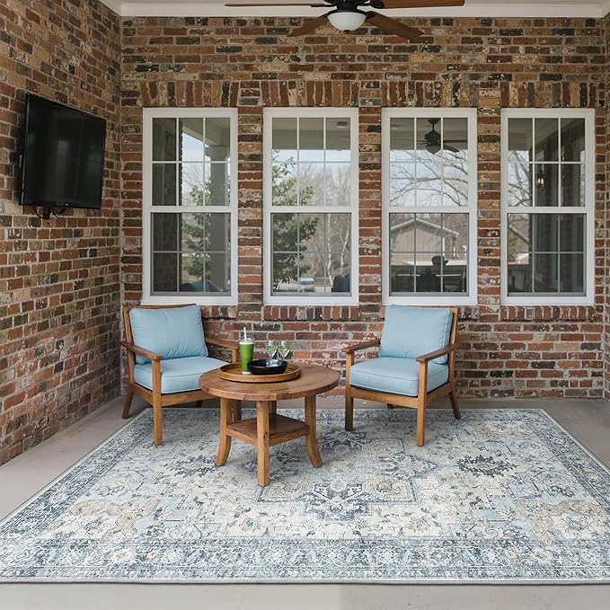 GENIMO Outdoor & Indoor Area Rug 5'x8', Waterproof, Non-Shedding, Easy Cleaning, Boho Mat for Patio, Living Room, Balcony, Dining Room, RV, Deck, Bedroom, Camping, Outside Carpet,Blue