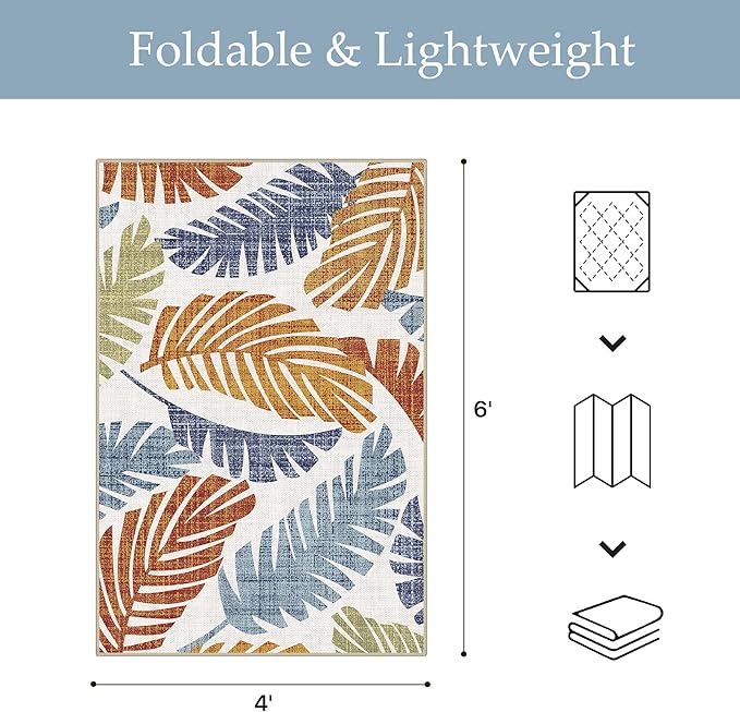 GENIMO Outdoor & Indoor Area Rug 4'x6', Waterproof, Non-Shedding, Easy Cleaning, Leaf Mat for Patio, Living Room, Balcony, Dining Room, RV, Deck, Bedroom, Camping, Outside Carpet, Rust Navy
