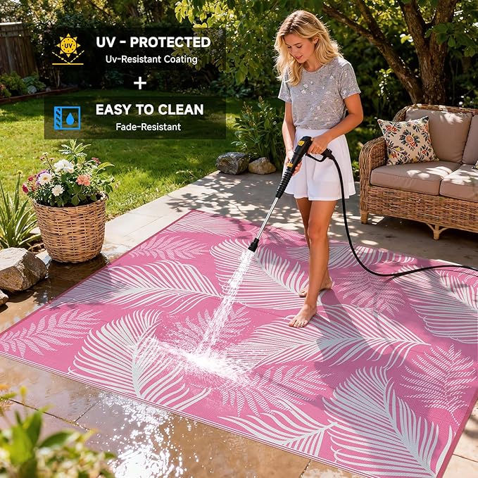 Pauwer Waterproof Outdoor Rug 8x10, Reversible Plastic Straw Patio Camping Rug, Indoor Outdoor RV Mat Carpet for Deck, Camper, Porch, Balcony, Backyard, Picnic, Leaf Pink