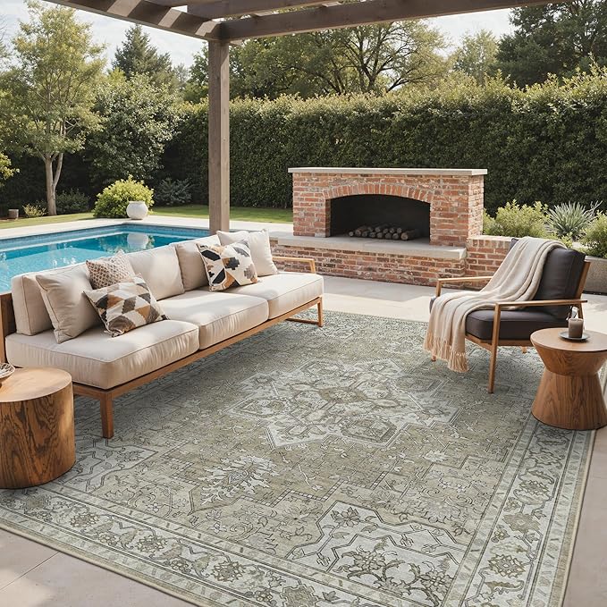 GENIMO Outdoor & Indoor Area Rug 8'x10', Waterproof, Non-Shedding, Easy Cleaning, Boho Mat for Patio, Living Room, Balcony, Dining Room, RV, Deck, Bedroom, Camping, Outside Carpet,Coffee Beige