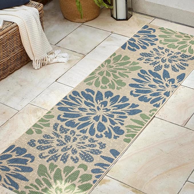 JONATHAN Y Floral Textured Weave Indoor Outdoor Runner Rug 2X8 Navy/Green, Zinnia Modern for Backyard, Patio, Porch, Easy-Cleaning, High Traffic, Pet-Friendly, Non-Shedding (SMB110B-28)