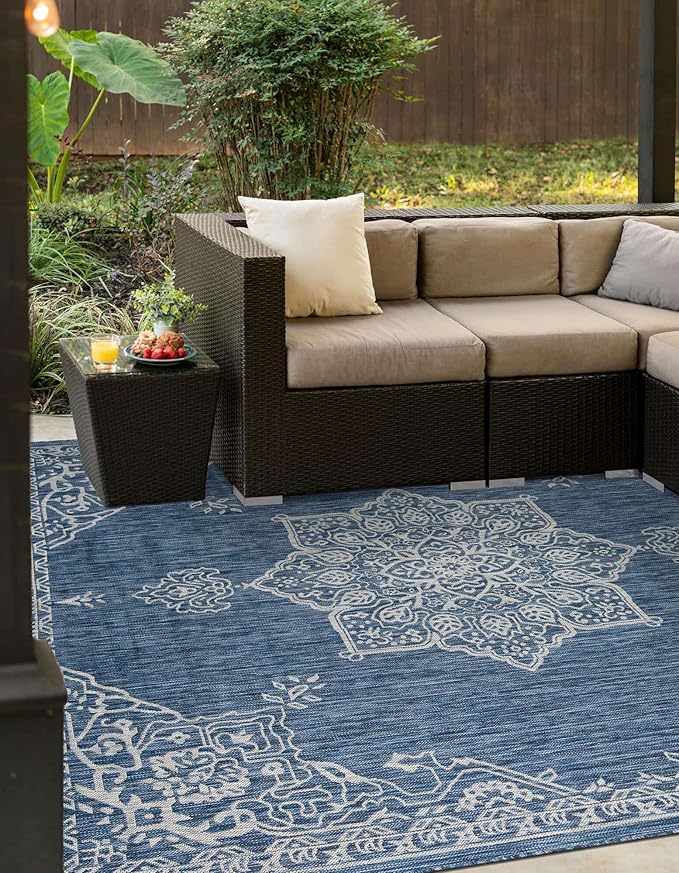 Unique Loom Outdoor Traditional Collection Area Rug - Antique (10' Square Blue/Ivory)