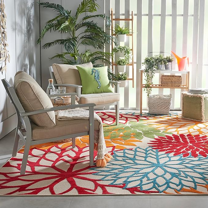 Nourison Home Aloha Indoor/Outdoor Green 6' x 9' Area Rug, Easy Cleaning, Non Shedding, Bed Room, Living Room, Dining Room, Deck, Backyard, Patio (6x9)