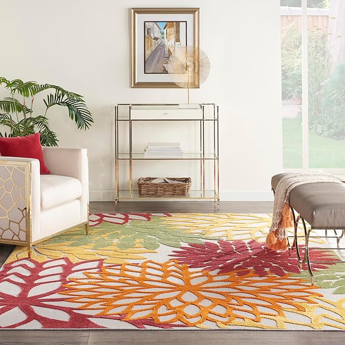 Nourison Home Aloha Indoor/Outdoor Red Multi Colored 7'10" x 10'6" Area Rug, Tropical, Botanical, Easy Cleaning, Non Shedding, Bed Room, Living Room, Dining Room, Deck, Backyard, Patio (8x10)