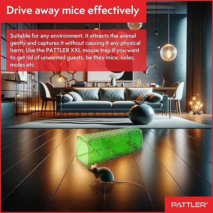 PATTLER® | Large Humane Mouse Trap for Indoor and Outdoor Home | Mechanical Reusable Live Mouse Traps Catch and Release Mice from Garden, Garage, Attic, Inn, Hotel | Green | Pack of 2