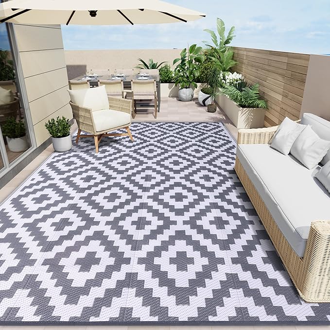 OLANLY Waterproof Outdoor Rug 8x10 ft, Reversible Plastic Straw Patio Rug for Camping, RV Mat Outside, Indoor Outdoor Carpet for Porch, Deck, Backyard, Camper, Balcony, Picnic, Grey & White