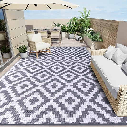 OLANLY Waterproof Outdoor Rug 9x12 ft, Outdoor Plastic Straw Rug for Camping, RV Mat Outside, Outdoor Carpet for Porch, Deck, Backyard, Balcony, Picnic, Grey & White