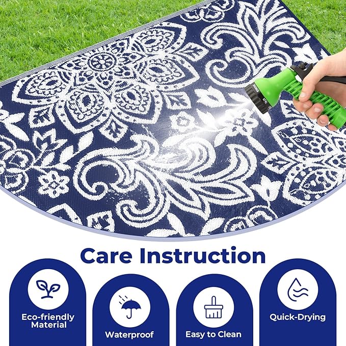 Findosom Waterproof Outdoor Rug 5' x 8' - Reversible Mandala Outdoor Plastic Straw Rug, Durable Foldable Patio Rug for RV, Deck, Balcony, Backyard, Picnic, Porch, Camping, Beach, Navy