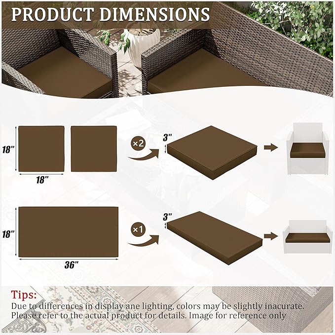 3 Pack Outdoor Replacement Cushions,36L x 18W x 3H,18L x 18W x 3H inch, High-Elastic Replacement Sponge for 4-Seater Water-Resistant Patio/Sofa with Removable Covers (Chocolate)