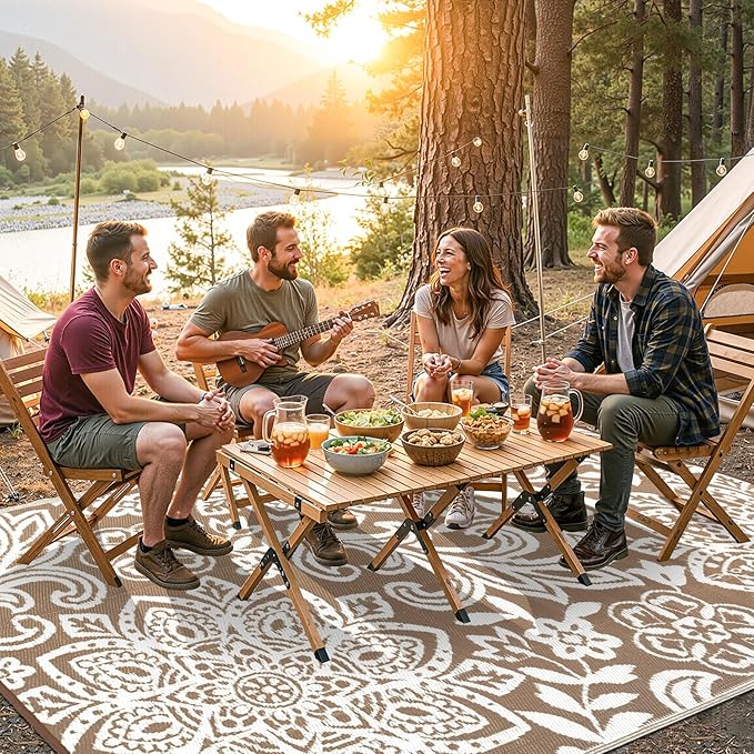 Findosom Waterproof Outdoor Rug 5' x 8' - Reversible Mandala Outdoor Plastic Straw Rug, Durable Foldable Patio Rug for RV, Deck, Balcony, Backyard, Picnic, Porch, Camping, Beach, Brown