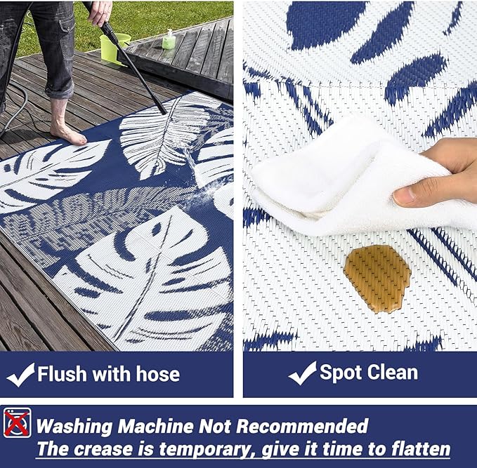 9x12 Outdoor Rug Waterproof Foldable Plastic Straw Carpet for Patio Porch Modern Leaf Print Reversible Mat Lightweight Floor Mat for Picnic, Rv, Beach, Deck, Camper, Balcony，Navy/White