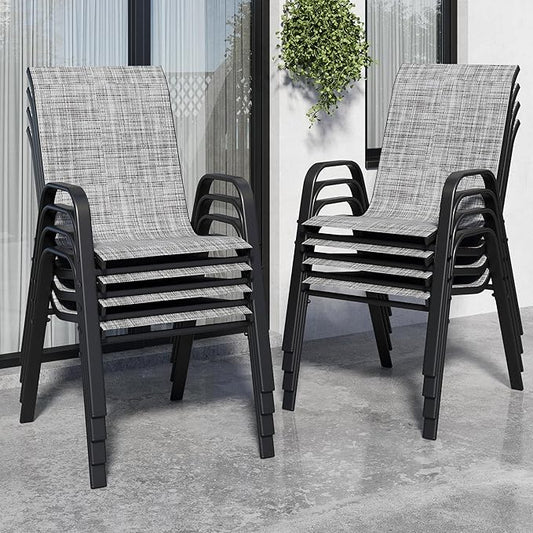 Patio Chairs Set of 8, Stackable Outdoor Dining Chairs for All Weather Textilene Fabric & Metal Frame, Outdoor Chairs Set for Backyard Deck Garden (Grey, Set of 8)