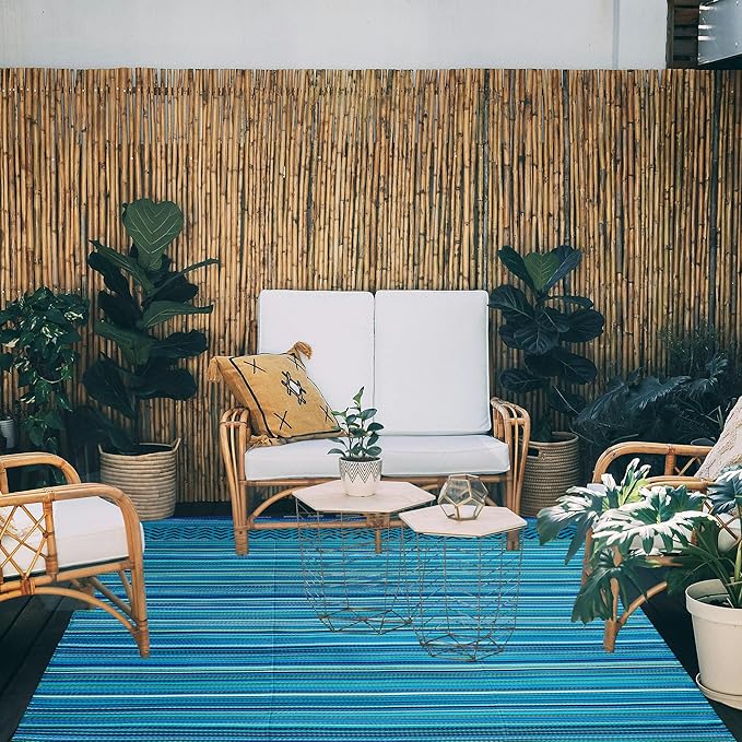 Reversible Outdoor/Indoor Plastic Rug Plastic Straw Rug Waterproof Portable Mat, Easy to Clean and Fold,Perfect for Garden, Patio, Picnic, Decking-（Sky Blue,8x10Ft）