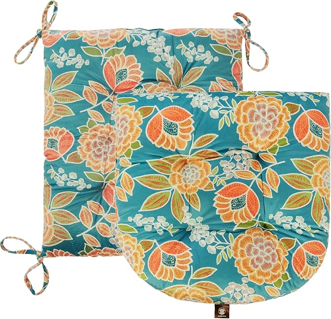 Outdoor Patio Cushion, Rocking Chair Cushion, Tufted Pads, Set of Upper and Lower with Ties Pack of 2 (2 Sets) - Back 20"×17", Seat 17"×17" (Green Bottom Flowers)
