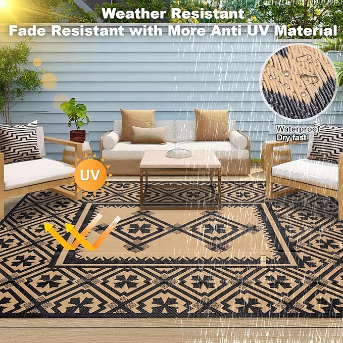 Tent Rug,Tent MatOutdoor Rugs Clearance Waterproof Camping Rug for Outside Your Rv Plastic Straw Black Reversible Outside Mat Durable Edges Patio,Porch,Rv Camping Mat