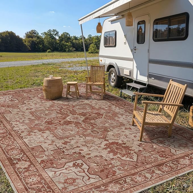 GENIMO Outdoor & Indoor Area Rug 10'x14', Waterproof, Non-Shedding, Easy Cleaning, Boho Mat for Patio, Living Room, Balcony, Dining Room, RV, Deck, Bedroom, Camping, Outside Carpet,Brown Red